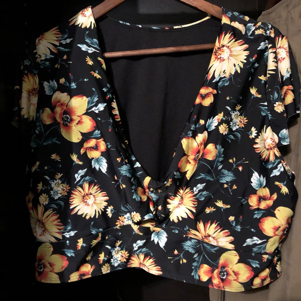 Torrid Black and Yellow Wrap Crop Bikini Top